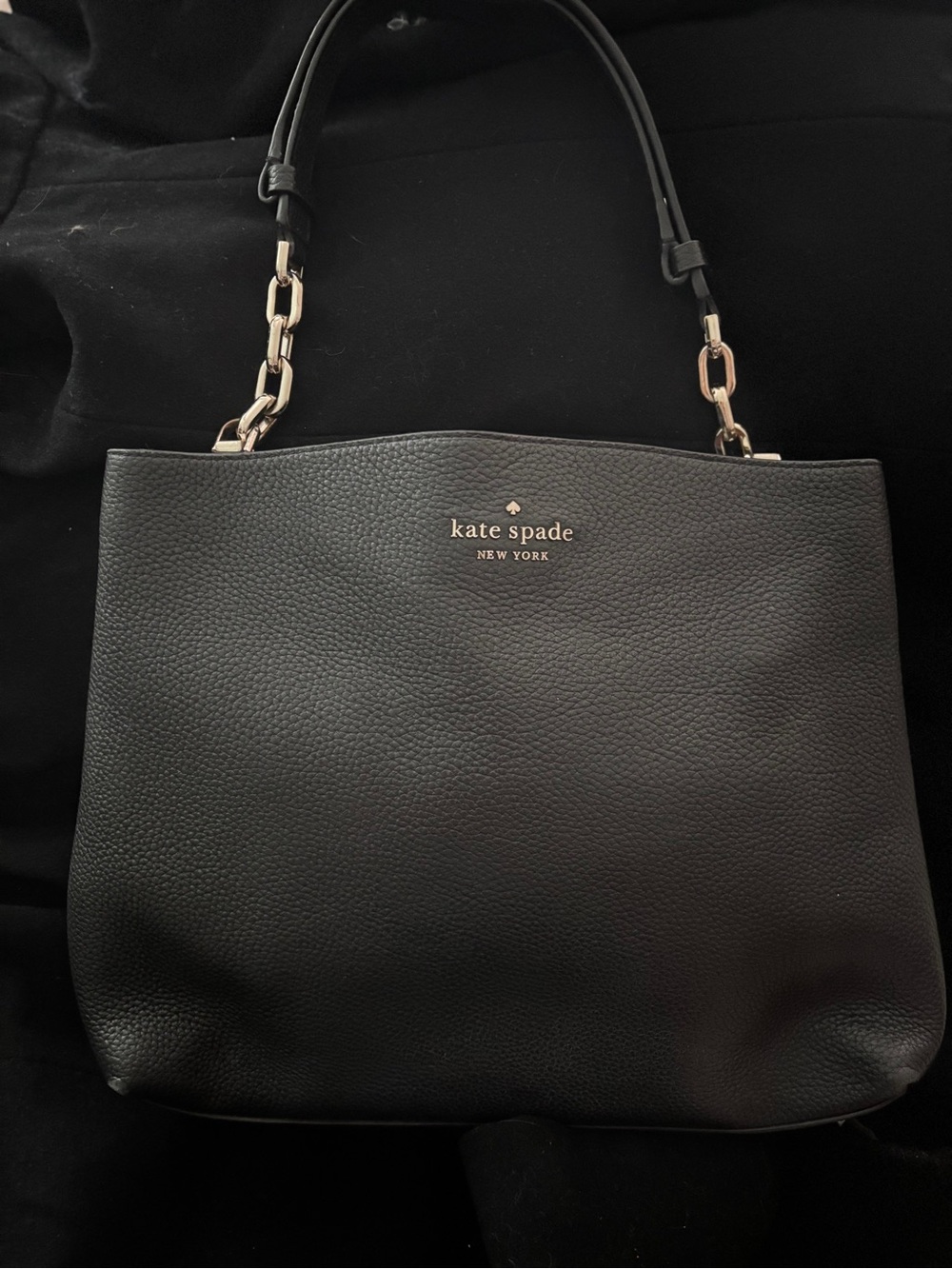 Kate Spade Black Pebbled Leather Chain Shoulder Bag Tote With Gold Tone Feet